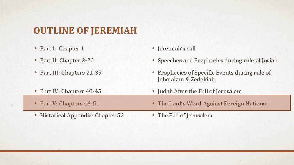 OUTLINE OF JEREMIAH • Part I: Chapter 1 • Jeremiah’s call • Part II: