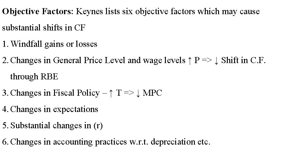 Objective Factors: Keynes lists six objective factors which may cause substantial shifts in CF