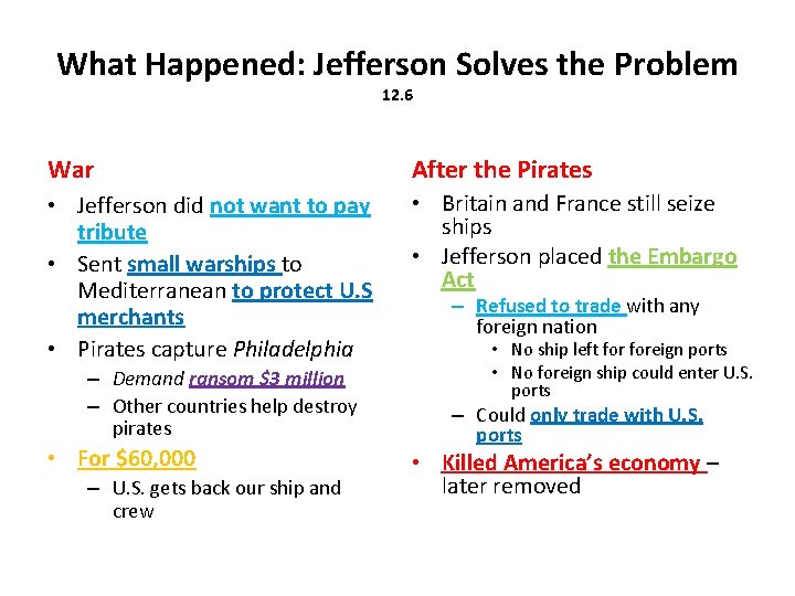 What Happened: Jefferson Solves the Problem 12. 6 War After the Pirates • Jefferson