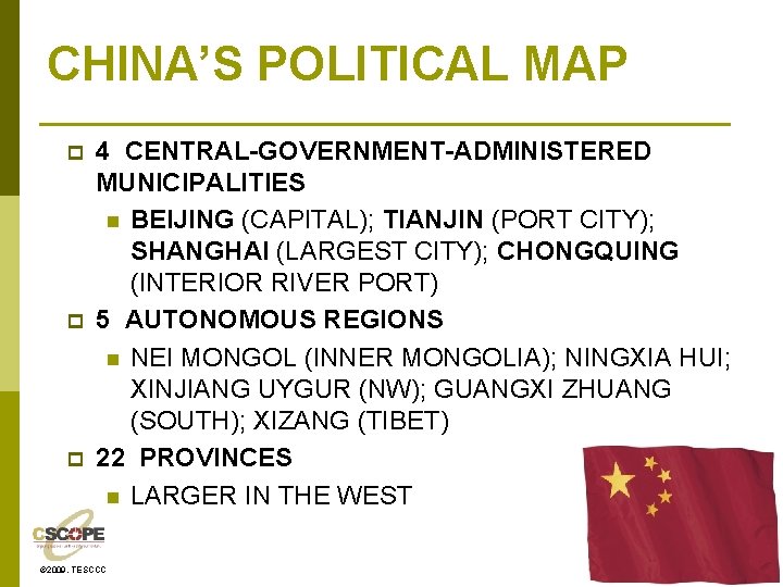 CHINA’S POLITICAL MAP p p p 4 CENTRAL-GOVERNMENT-ADMINISTERED MUNICIPALITIES n BEIJING (CAPITAL); TIANJIN (PORT