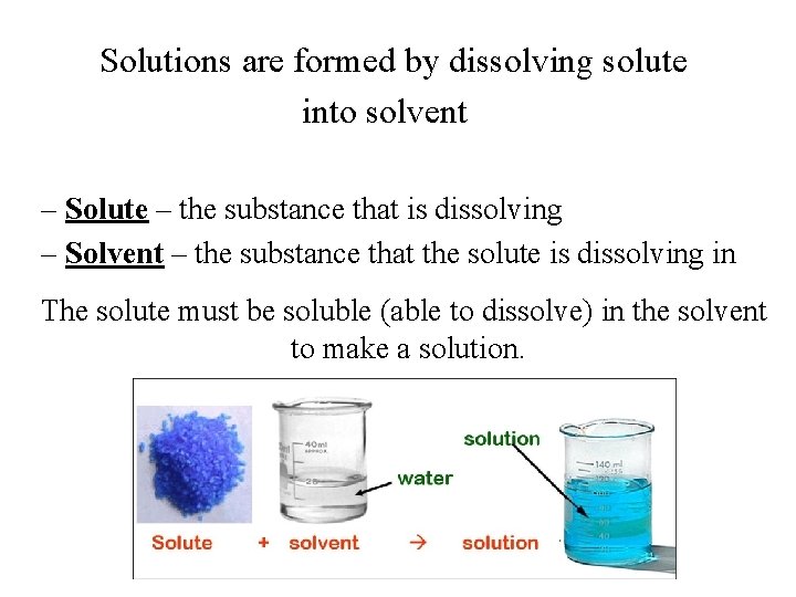 Solutions are formed by dissolving solute into solvent – Solute – the substance that
