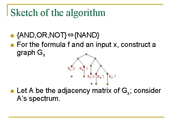 Sketch of the algorithm n n {AND, OR, NOT}⇔{NAND} For the formula f and