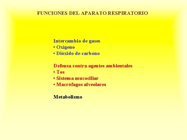 FUNCIONES DEL APARATO RESPIRATORIO Intercambio de gases • Oxígeno • Dióxido de carbono Defensa