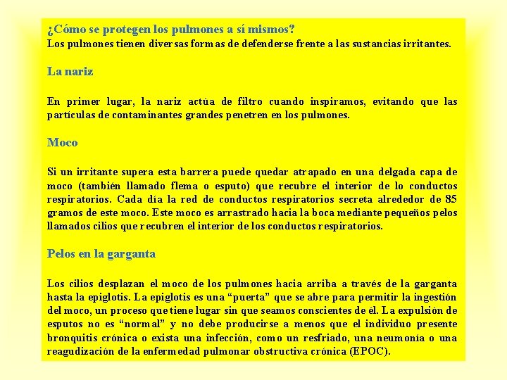 ¿Cómo se protegen los pulmones a sí mismos? Los pulmones tienen diversas formas de