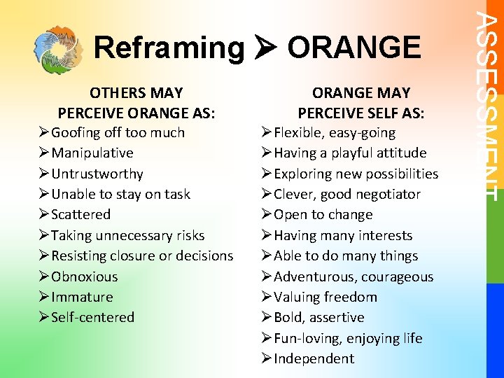 OTHERS MAY PERCEIVE ORANGE AS: ØGoofing off too much ØManipulative ØUntrustworthy ØUnable to stay