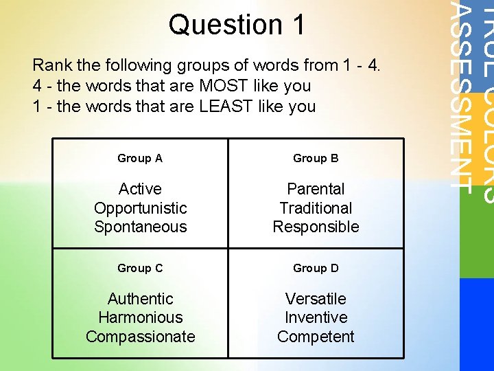 Rank the following groups of words from 1 - 4. 4 - the words