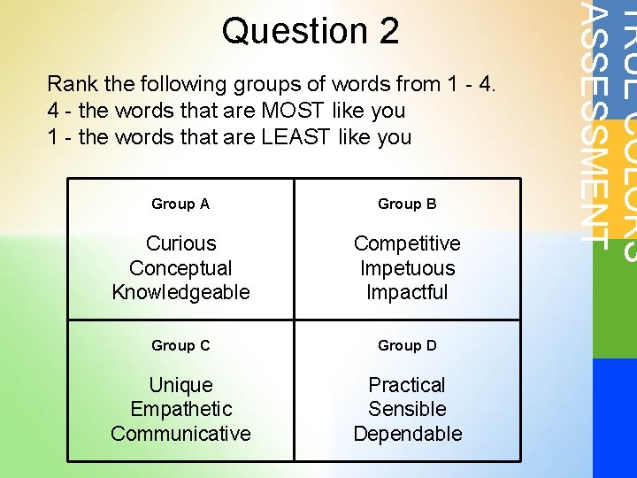 Rank the following groups of words from 1 - 4. 4 - the words