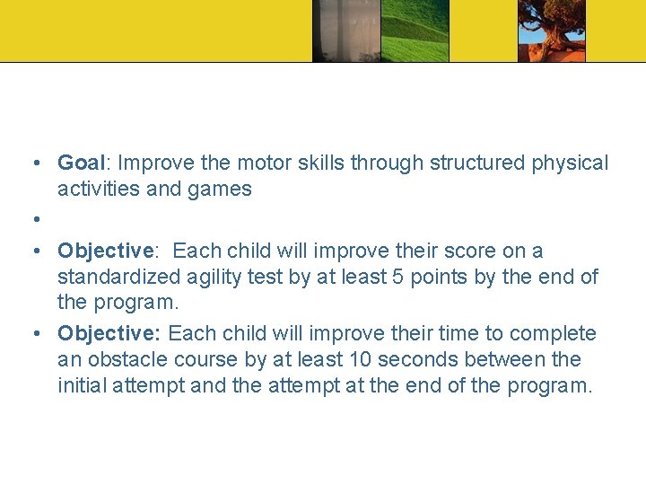  • Goal: Improve the motor skills through structured physical activities and games •