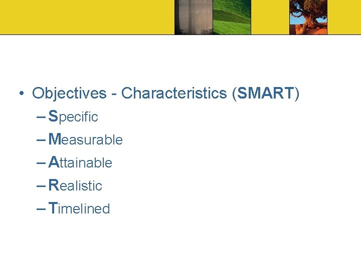  • Objectives - Characteristics (SMART) – Specific – Measurable – Attainable – Realistic