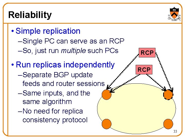 Reliability • Simple replication – Single PC can serve as an RCP – So,