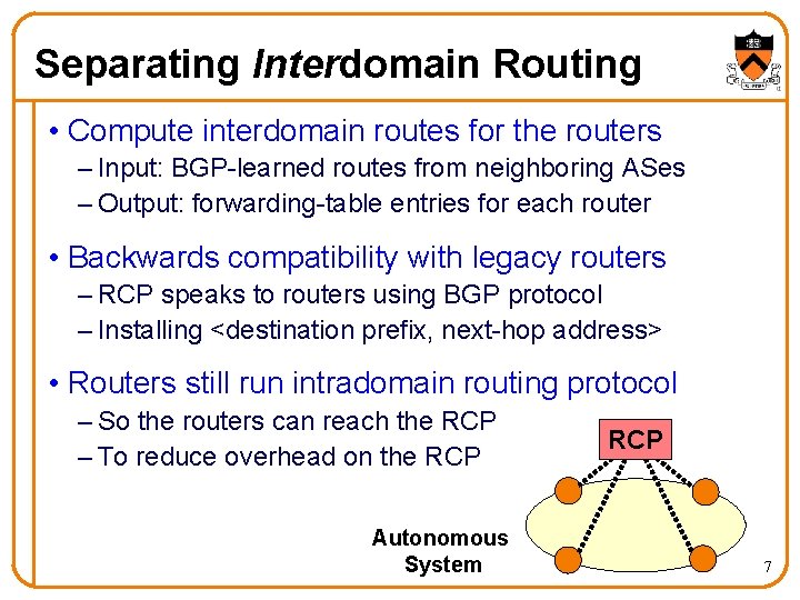 Separating Interdomain Routing • Compute interdomain routes for the routers – Input: BGP-learned routes