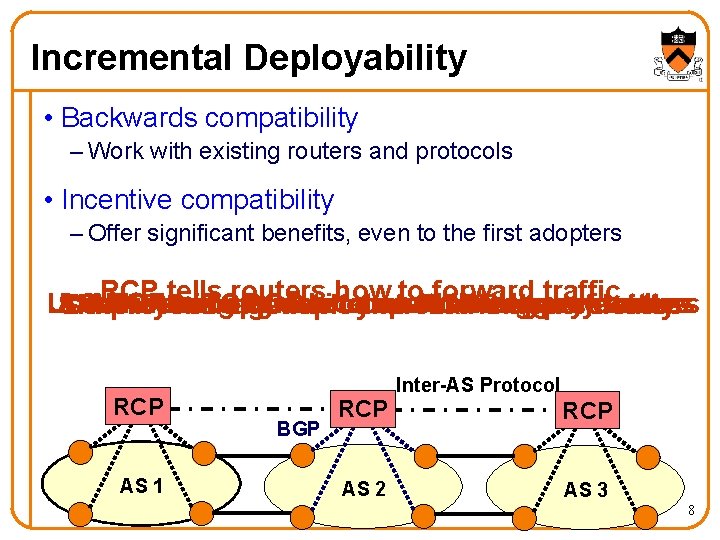 Incremental Deployability • Backwards compatibility – Work with existing routers and protocols • Incentive