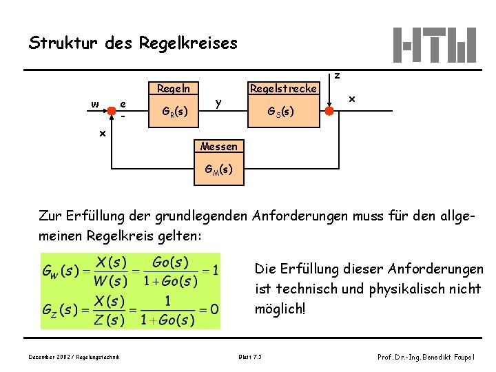 Struktur des Regelkreises w e x Regeln GR(s) y Regelstrecke GS(s) z x Messen