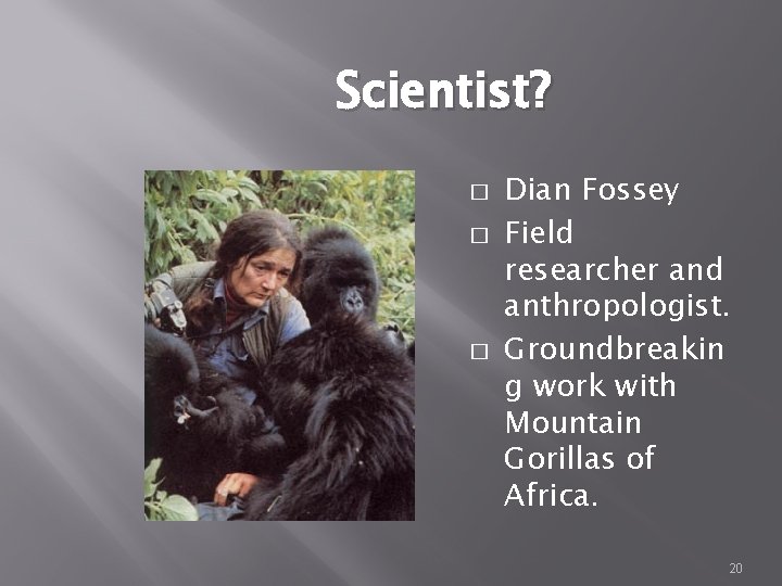 Scientist? � � � Dian Fossey Field researcher and anthropologist. Groundbreakin g work with