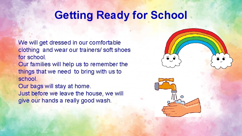 Getting Ready for School We will get dressed in our comfortable clothing and wear