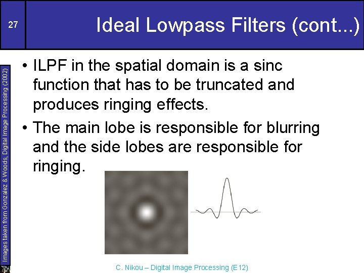 Images taken from Gonzalez & Woods, Digital Image Processing (2002) 27 Ideal Lowpass Filters