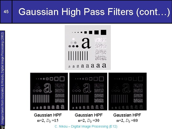 Images taken from Gonzalez & Woods, Digital Image Processing (2002) 45 Gaussian High Pass