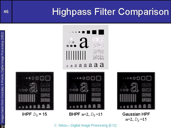 Highpass Filter Comparison Images taken from Gonzalez & Woods, Digital Image Processing (2002) 46