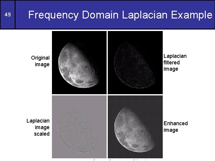 49 Frequency Domain Laplacian Example Original image Laplacian filtered image Laplacian image scaled Enhanced