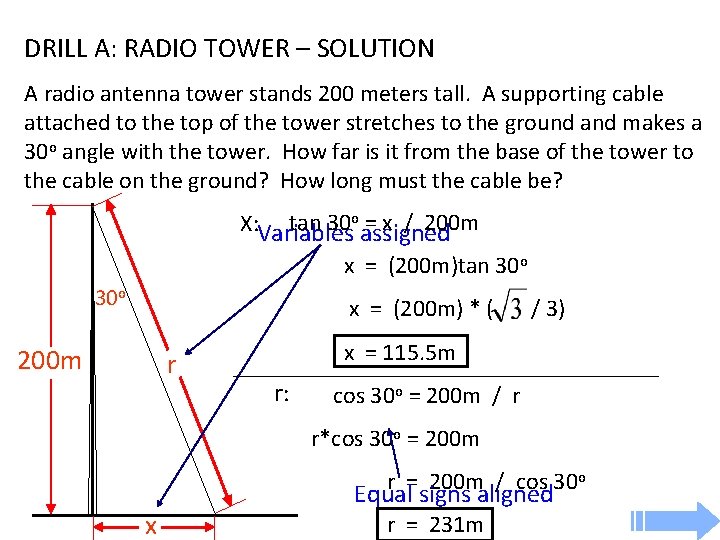 DRILL A: RADIO TOWER – SOLUTION A radio antenna tower stands 200 meters tall.