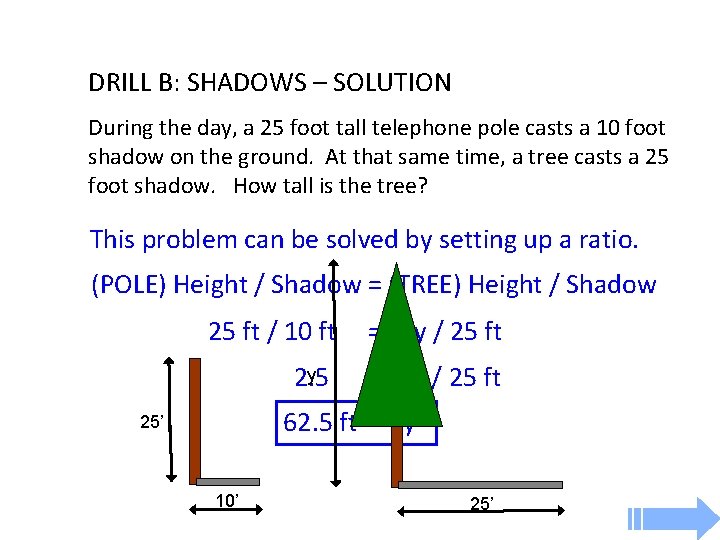 DRILL B: SHADOWS – SOLUTION During the day, a 25 foot tall telephone pole
