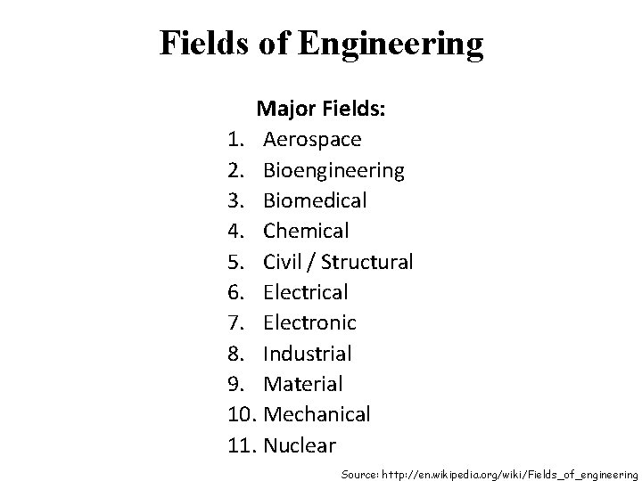 Fields of Engineering Major Fields: 1. Aerospace 2. Bioengineering 3. Biomedical 4. Chemical 5.