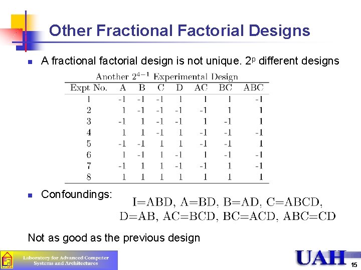 Other Fractional Factorial Designs n A fractional factorial design is not unique. 2 p