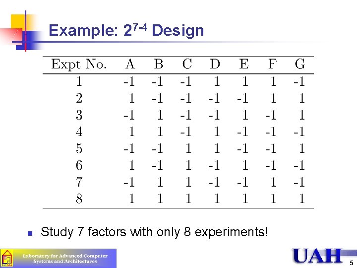 Example: 27 -4 Design n Study 7 factors with only 8 experiments! 5 