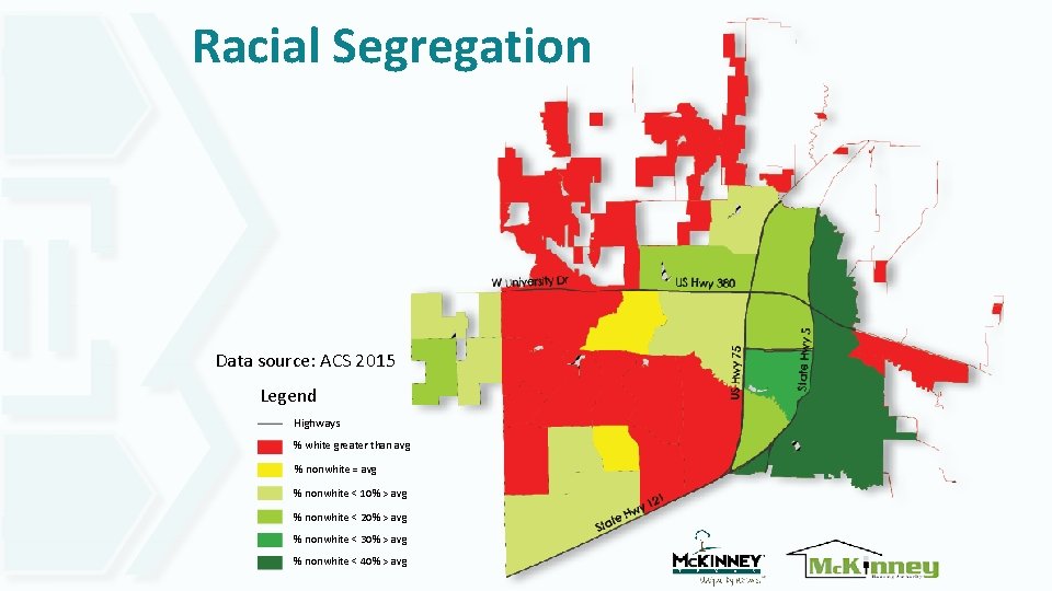 Racial Segregation Data source: ACS 2015 Legend Highways % white greater than avg %
