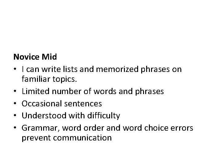 Novice Mid • I can write lists and memorized phrases on familiar topics. •