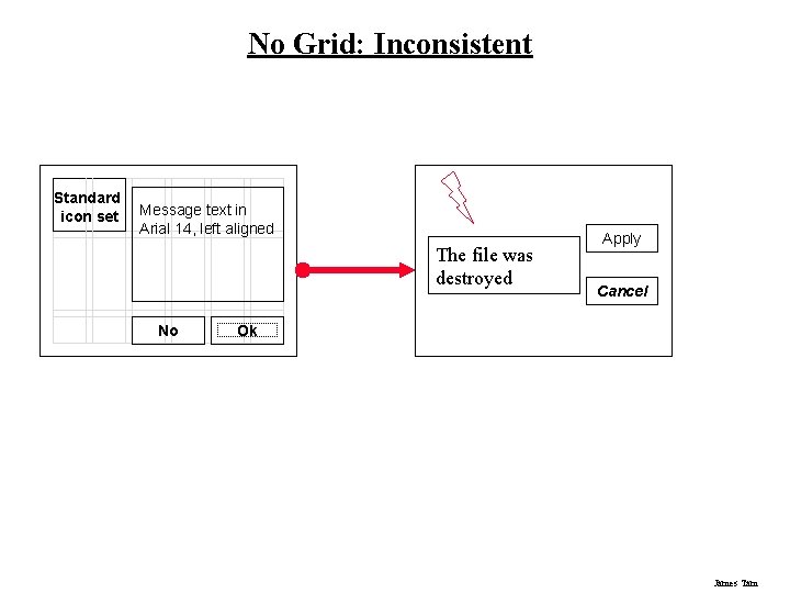No Grid: Inconsistent Standard icon set Message text in Arial 14, left aligned The
