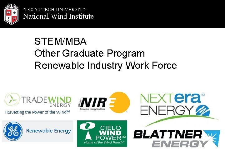 TEXAS TECH UNIVERSITY National Wind Institute STEM/MBA Other Graduate Program Renewable Industry Work Force