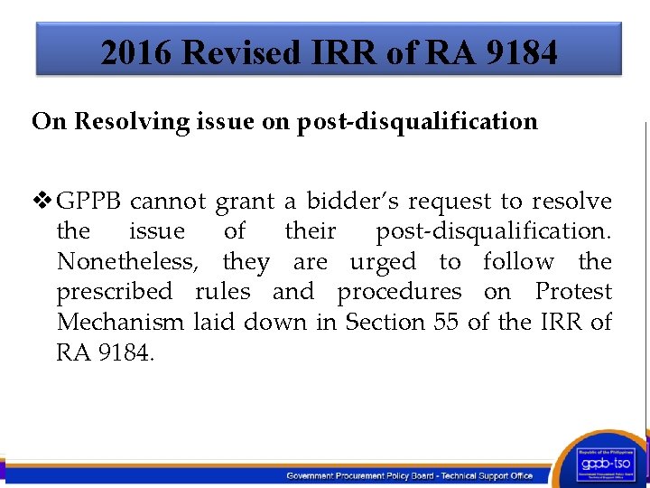 2016 Revised IRR of RA 9184 On Resolving issue on post-disqualification v GPPB cannot