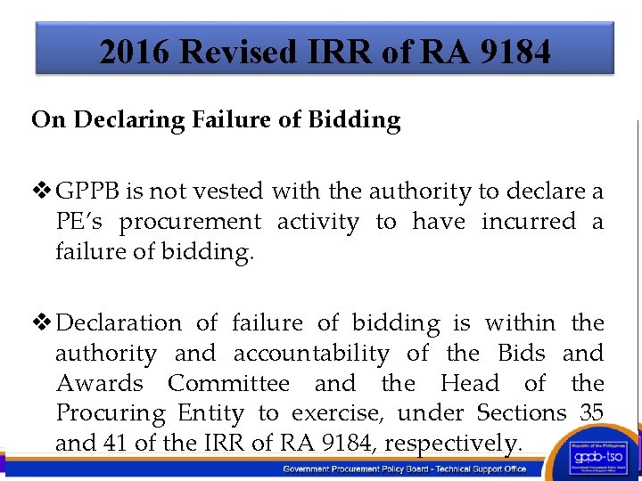 2016 Revised IRR of RA 9184 On Declaring Failure of Bidding v GPPB is