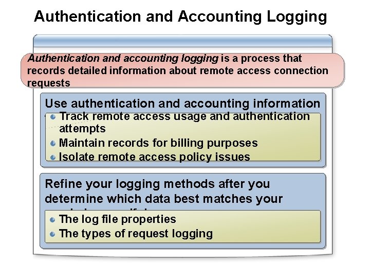 Authentication and Accounting Logging Authentication and accounting logging is a process that records detailed