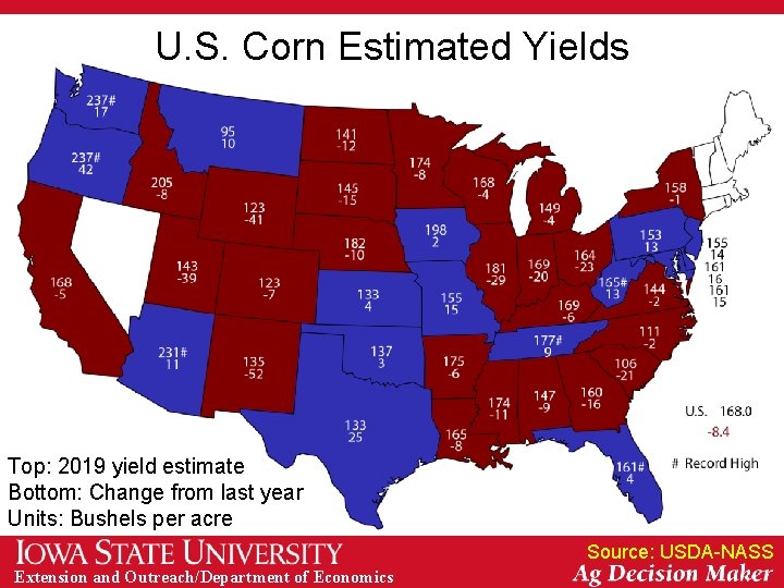 U. S. Corn Estimated Yields Top: 2019 yield estimate Bottom: Change from last year