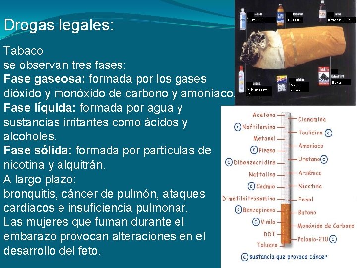 Drogas legales: Tabaco se observan tres fases: Fase gaseosa: formada por los gases dióxido Drogas legales: Tabaco se observan tres fases: Fase gaseosa: formada por los gases dióxido
