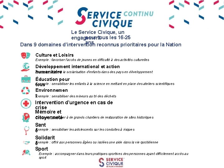 Le Service Civique, un pour tous les 16 -25 engagement ans reconnus prioritaires pour