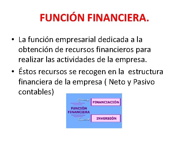 FUNCIÓN FINANCIERA. • La función empresarial dedicada a la obtención de recursos financieros para