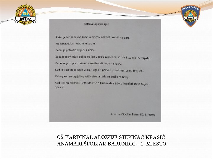 OŠ KARDINAL ALOJZIJE STEPINAC KRAŠIĆ ANAMARI ŠPOLJAR BARUNDIĆ – 1. MJESTO 