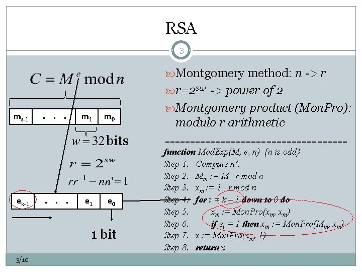 RSA 3 Montgomery method: n -> r r=2 sw -> power of 2 ms-1