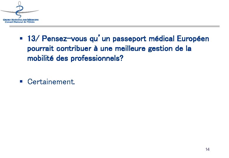 § 13/ Pensez-vous qu’un passeport médical Européen pourrait contribuer à une meilleure gestion de