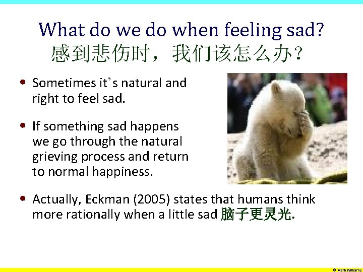 What do we do when feeling sad? 感到悲伤时，我们该怎么办？ • Sometimes it’s natural and right