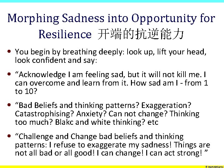 Morphing Sadness into Opportunity for Resilience 开端的抗逆能力 • You begin by breathing deeply: look