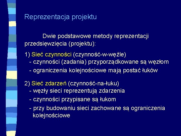 Reprezentacja projektu Dwie podstawowe metody reprezentacji przedsięwzięcia (projektu): 1) Sieć czynności (czynność-w-węźle) - czynności