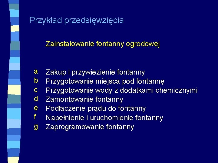 Przykład przedsięwzięcia Zainstalowanie fontanny ogrodowej a b c d e f g Zakup i