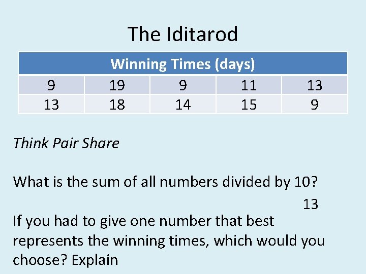 The Iditarod 9 13 Winning Times (days) 19 9 11 18 14 15 13