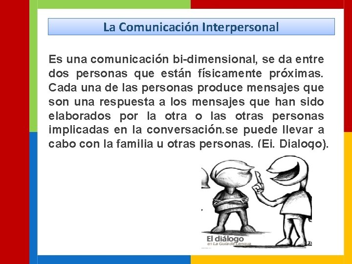 La Comunicación Interpersonal Es una comunicación bi-dimensional, se da entre dos personas que están