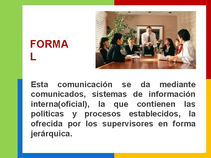 FORMA L Esta comunicación se da mediante comunicados, sistemas de información interna(oficial), la que