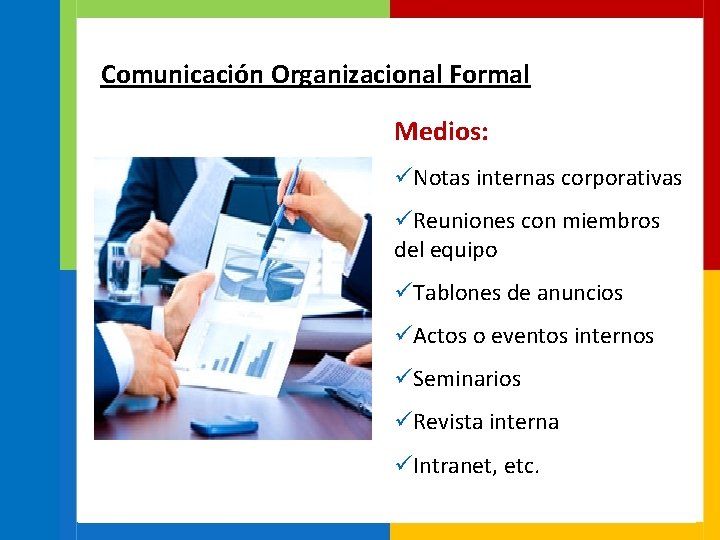 Comunicación Organizacional Formal Medios: üNotas internas corporativas üReuniones con miembros del equipo üTablones de
